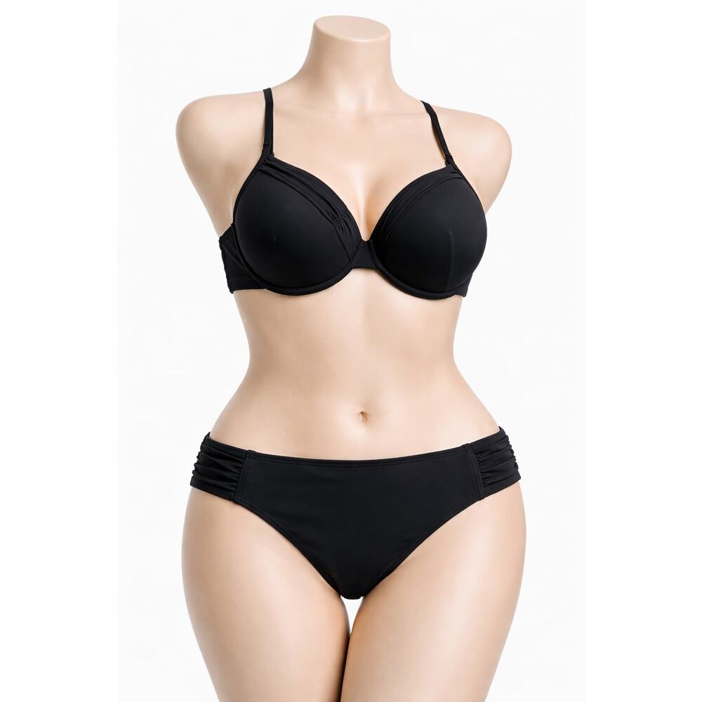 BECCA Underwire Bikini Set Womens S Solid Black Shirred 2 Pc Swimsuit